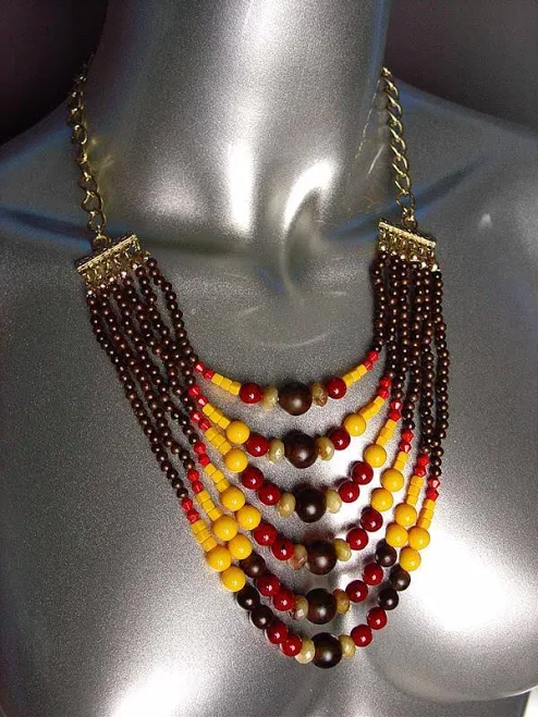 Unique Multi-strands Brown Orange Wood Beads Layered Drape Necklace
