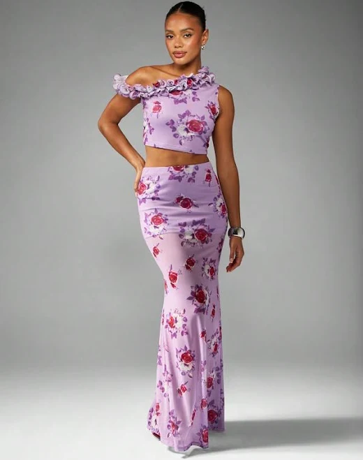 Missguided Off Shoulder Floral Ruffle Two Piece Outfit