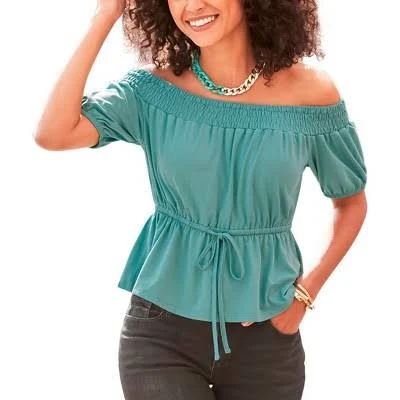 Women's Smocked Off Shoulder Top - LASCANA - Mint Solid 4/6