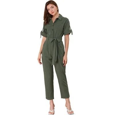 Inspire Chic Women's Short Sleeve Collared Button Down Tie Waist Cargo Jumpsuit