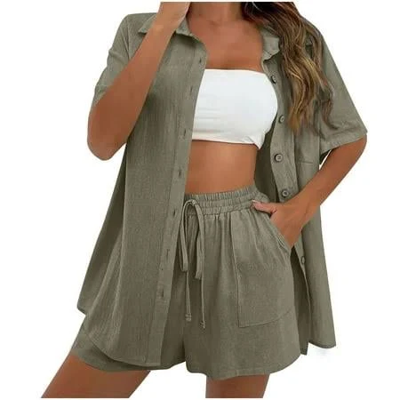 Women's Cotton Linen 2 Piece Shorts Set