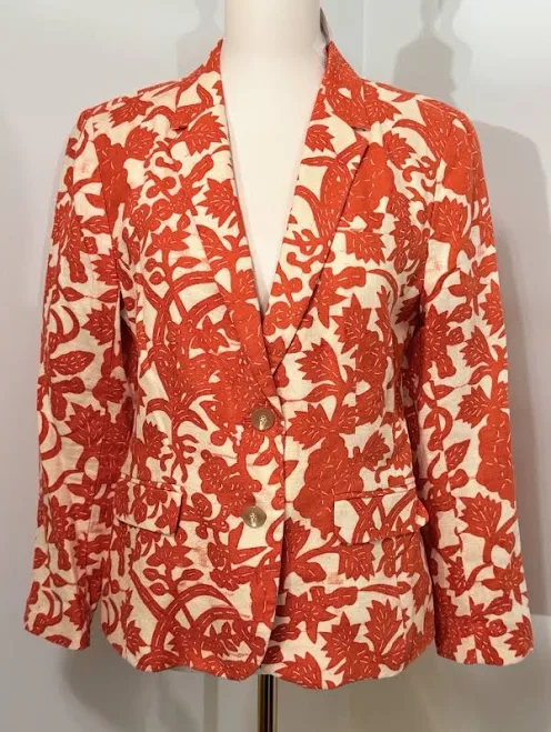 Ann Taylor Loft 100% Linen Orange Cream Floral Print Blazer Size 10