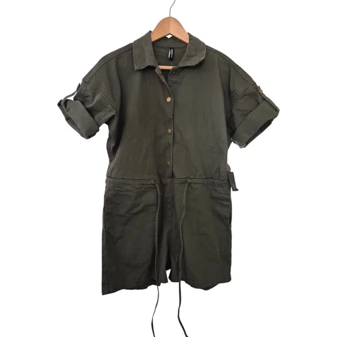 American Bazi Utility Romper Womens Small Olive Green Drawstring
