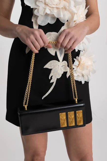 Structured Chain Shoulder Bag with Gold Embossed Plaques