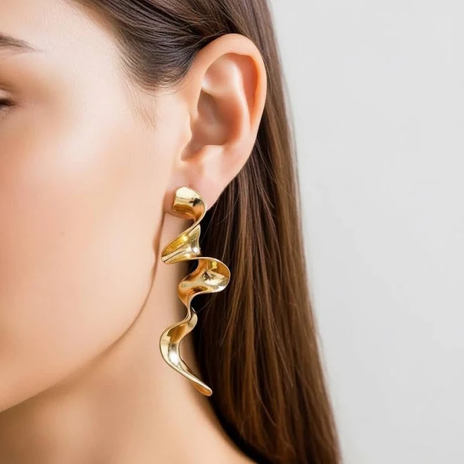 Modern Abstract Sculptural Gold Spiral Earrings