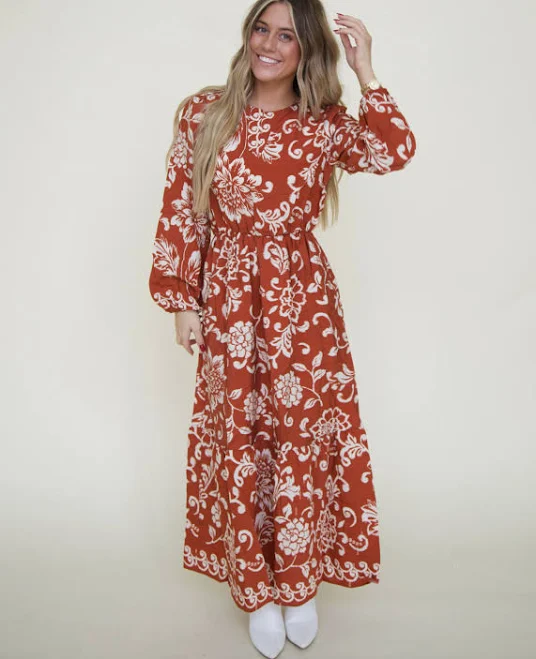 Rust Boho Floral Maxi Dress