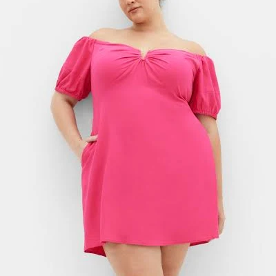City Chic Women's Plus Size Macey Off-the-Shoulder Puff Sleeve Stretch Cotton