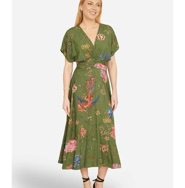 Yumi Women's Ruched Waist Viscose Kimono Midi Dress