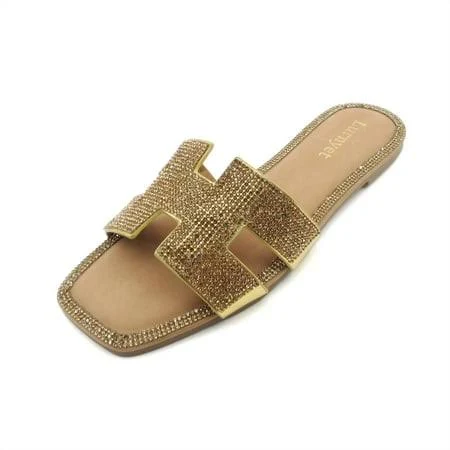 Lurnyet Women's Crystal Rhinestone Embellished Flat Heel Sandals