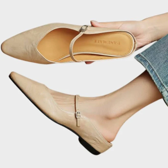 Women's Pointed-Toe Flat Mules with Buckle Closure