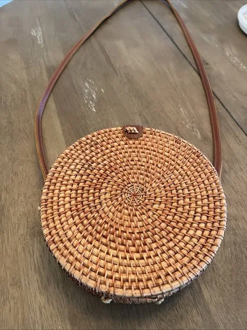 Boho Chic Rattan Round Crossbody Bag With Genuine Leather Strap