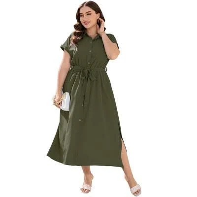 Women's Plus Size Button Front Tie Waist Midi Dress