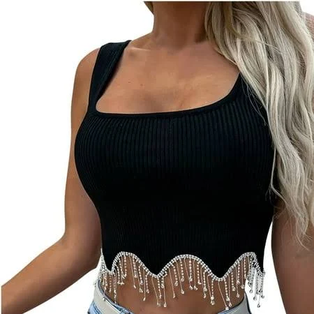 Ryrjj Womens Sparkly Rhinestone Fringe Sleeveless Crop Tops Y2K Raceback Ribbed Cropped Tank Tops with Glitter Tassel