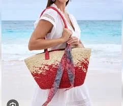 NWT$199 Patricia Nash Calypso Woven Straw Tote Leather Trim & Scarf Passion Red
