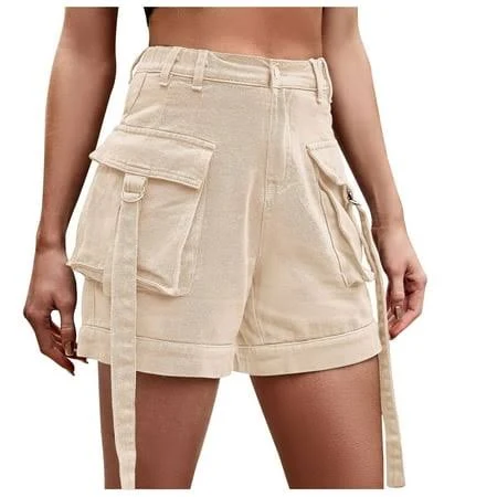 Women's High-Waisted Elastic Waist Cargo Shorts with Pockets