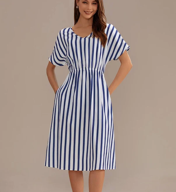 Sailor Stripe V-Neck Midi Dress with Pockets