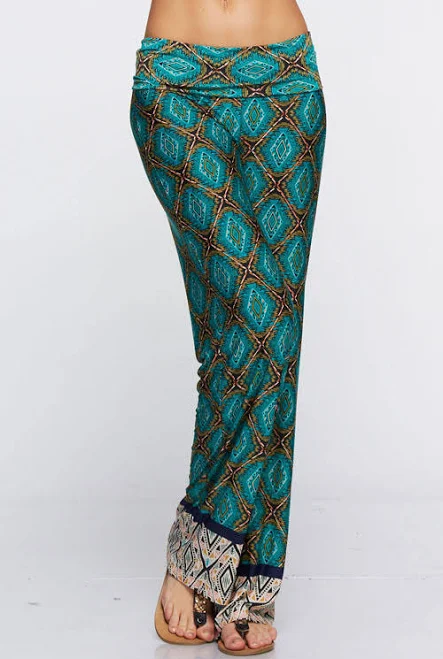 Teal And Gold Print Palazzo Pants