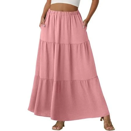 Women's Flowy A-Line Ruffle Maxi Skirt with Pockets