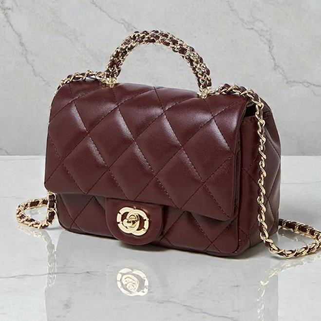 Quilted Vegan Leather Top-Handle Crossbody Bag with Gold Chain