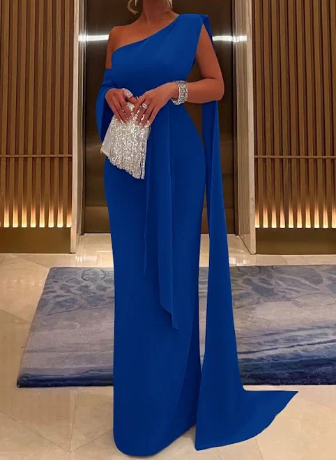 Missacc One-Shoulder Sheath Evening Dress with Sweeping Side Drape and Back Slit