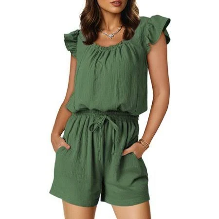 DoFit Women's Casual Ruffle Sleeve Romper with Drawstring Waist