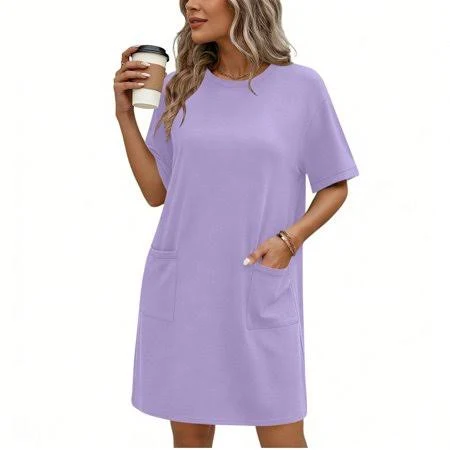 Axiiglly Womens T Shirt Dress Short Sleeve Crewneck Loose Fit Mini Summer Casual Dresses with Pockets, S-2xl, Women's, Size: Large, Purple