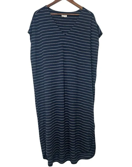 Pol Navy Blue Cream Striped T-shirt Maxi Dress Size Small Oversized