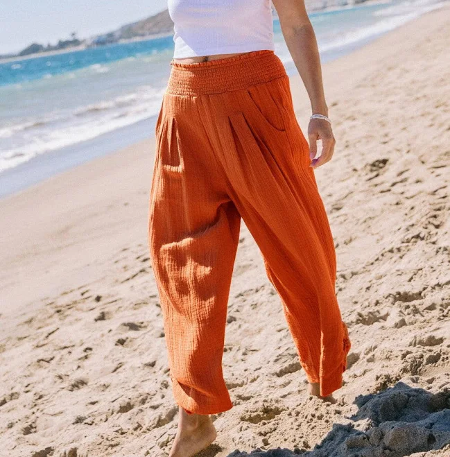 Wide Leg Gauze Pants with Smocked Waistband