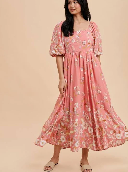 Pink Floral Print Puff Sleeve Maxi Dress