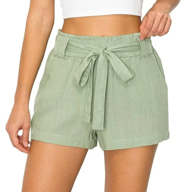 Oceanside Women's Paperbag Linen Shorts with Elastic Waist and Pockets