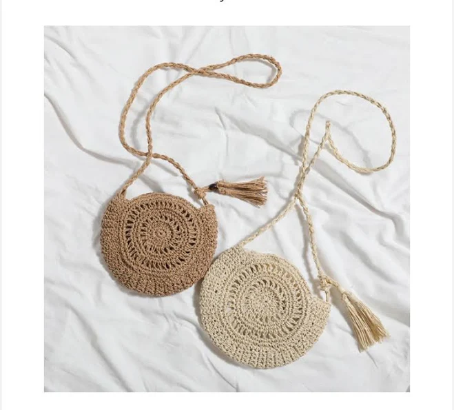 Round Tassel Straw Crossbody Bag