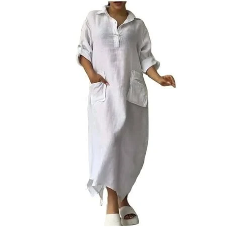 Women's Casual Loose Fitting Rolled Long Sleeve Cotton Linen Maxi Dress with Pockets