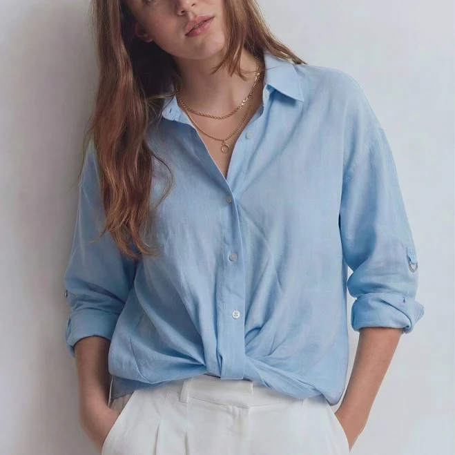 Longsleeves Linen Blend Twist Hem Button Down Crop Shirt