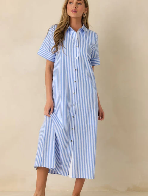 Pretty in Pinstripes Cotton Maxi Shirt Dress