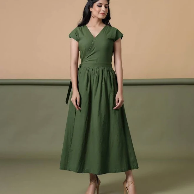 V-Neck Cotton Maxi Wrap Dress