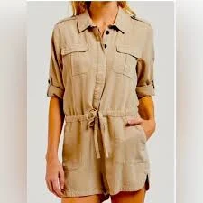 MNG Mango Tan Button-Up Utility Cargo Drawstring Romper Shorts Jumpsuit XS EUC