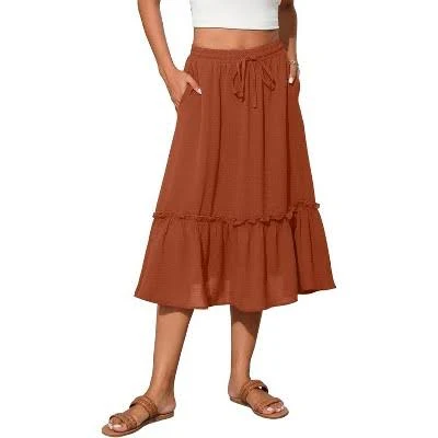 LEVEN Women's High Waist Tiered Flowy Skirt with Pockets