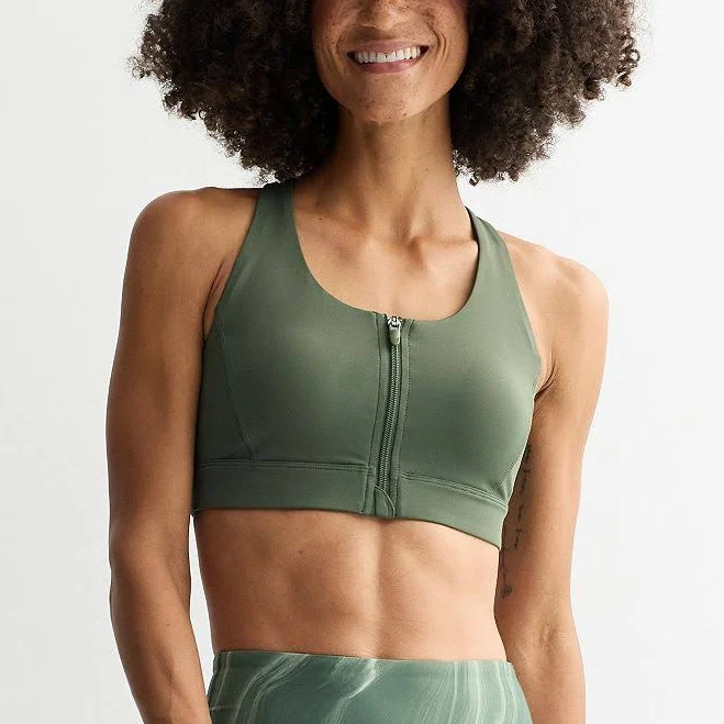 Women's Tek Gear Ultrastretch Medium Support Zip Front Sports Bra, Esta Olive
