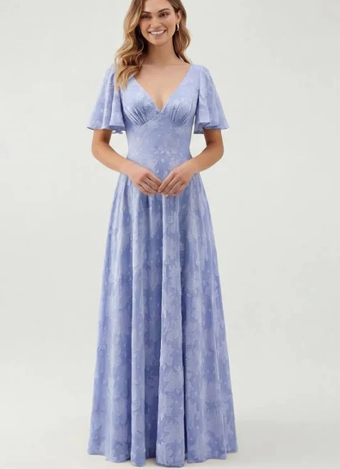 Floral Jacquard A-Line Maxi Dress with Flutter Sleeves and Bow Back