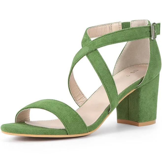 Allegra K Faux Suede Crisscross Ankle Strap Block Heel Sandals