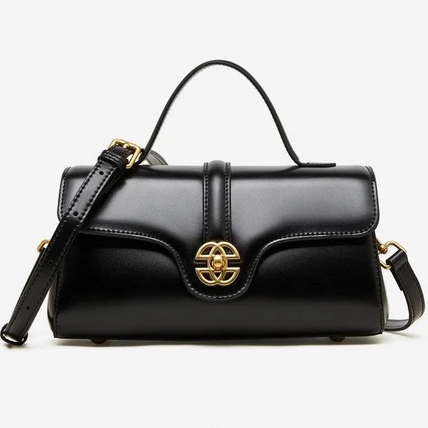 Genuine Leather Top-Handle Bag with Signature Gilded Lock Closure