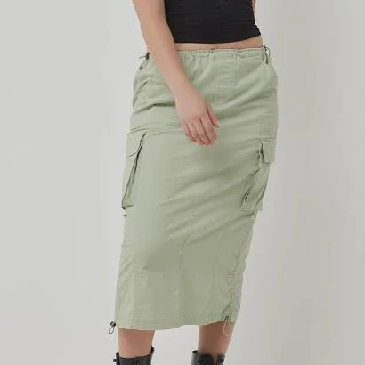 Cotton Twill Adjustable High Waist Maxi Cargo Skirt with Flap Pockets