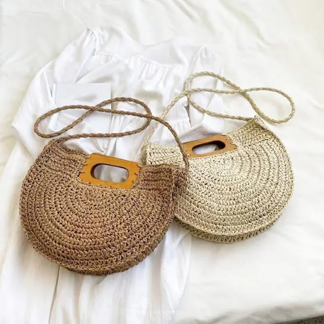 Straw Tote Bag with Wooden Handles