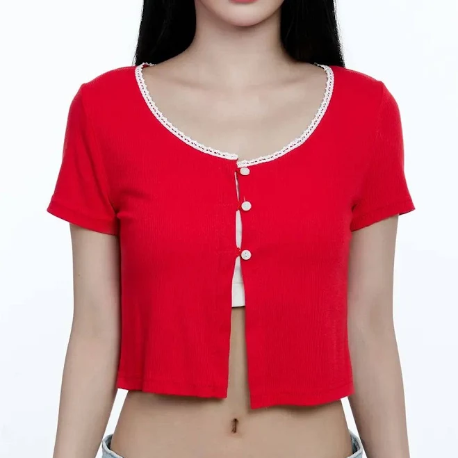 Lewkin Cropped Button-Up Short Sleeve Cardigan