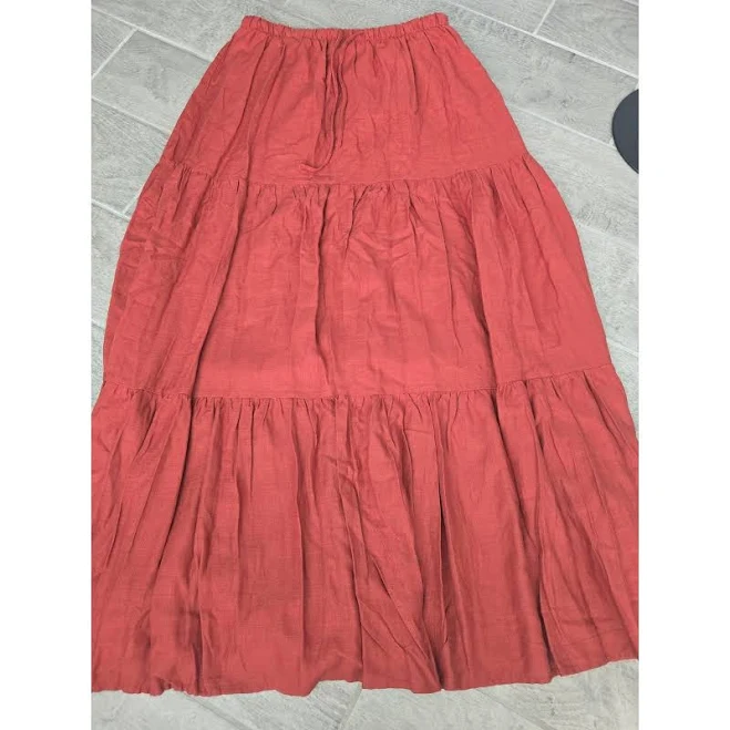 Better Together Linen Blend Tiered Maxi Skirt Rust Orange Elastic