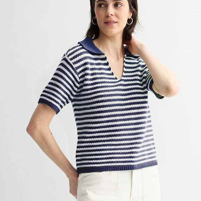 Women's Sonoma Goods For Life Short Sleeve Collared Sweater, Size: XS, White Navy Stripe