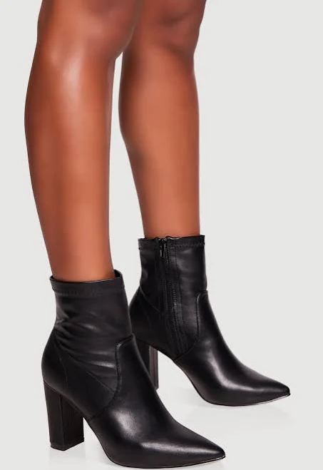 Women's Pointy Toe Block Heel Faux Leather Ankle Booties