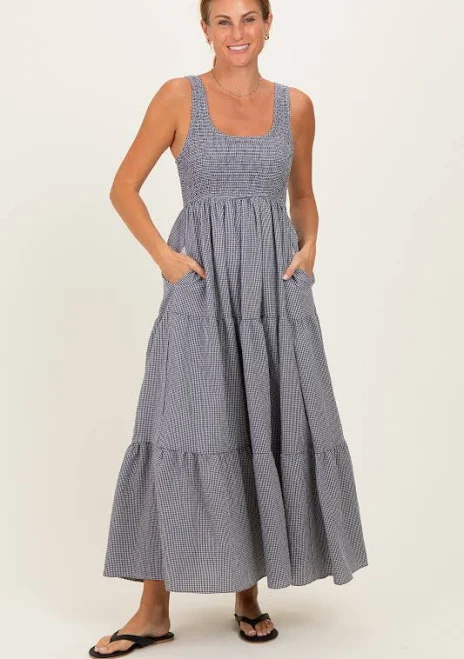 Black Gingham Smocked Bodice Maxi Dress