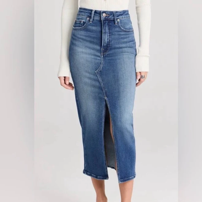 Good American Slit Front Midi Denim Skirt