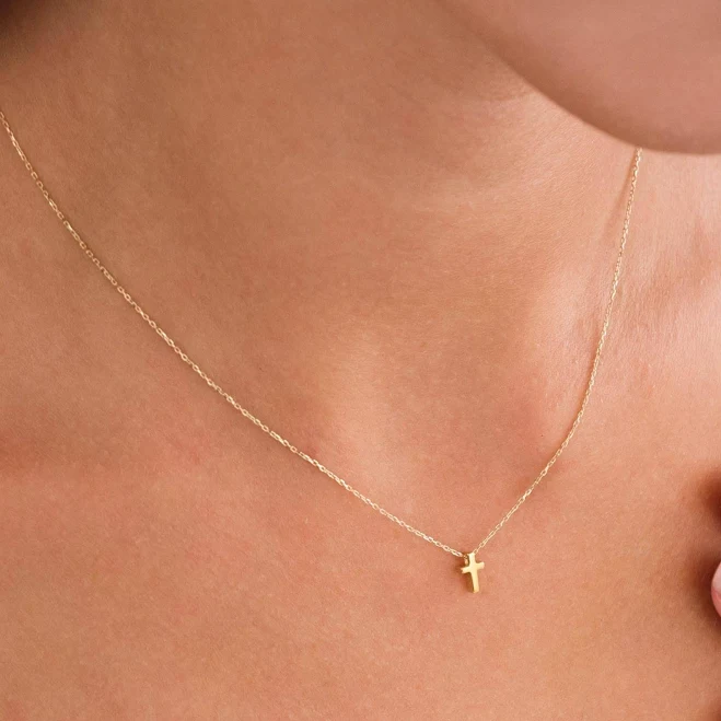 14K Solid Gold Dainty Cross Necklace